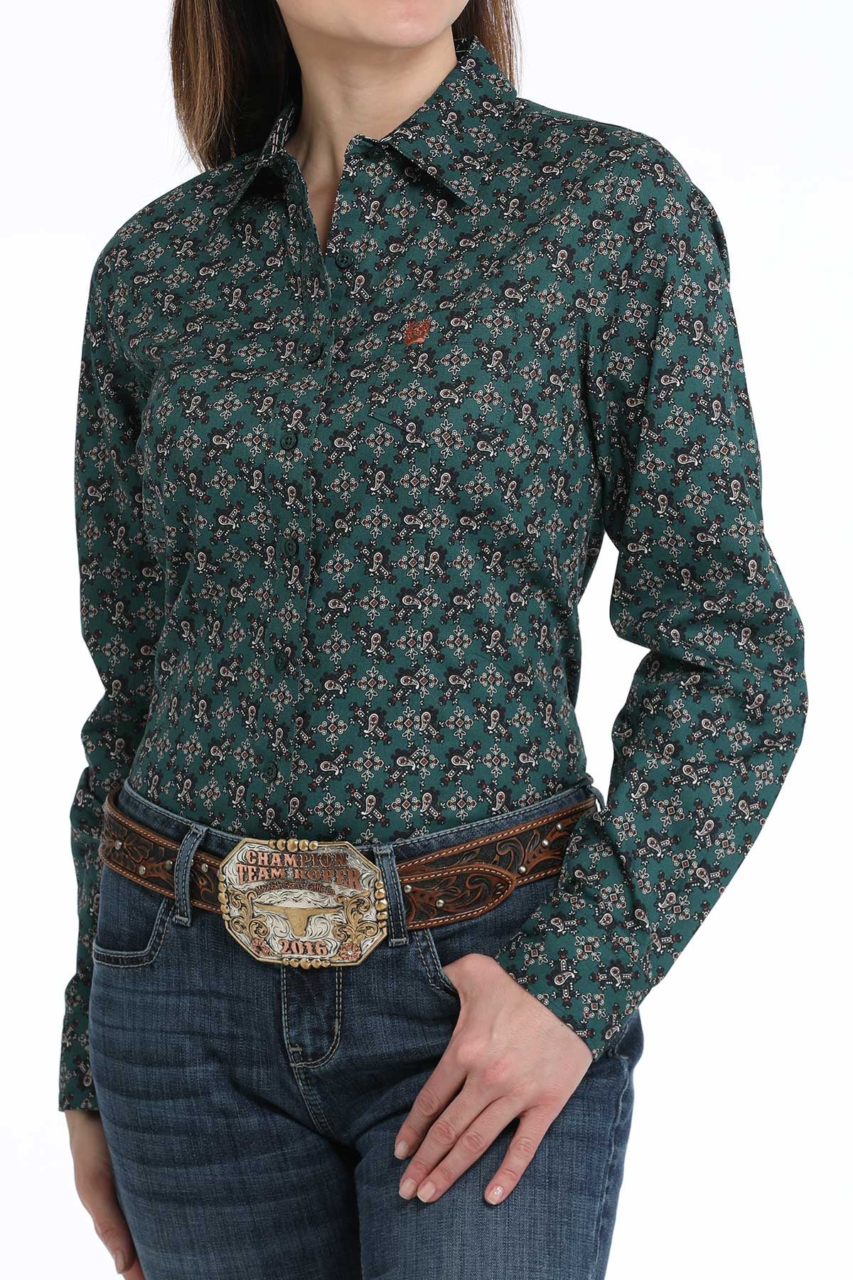D. Green paisley blouse