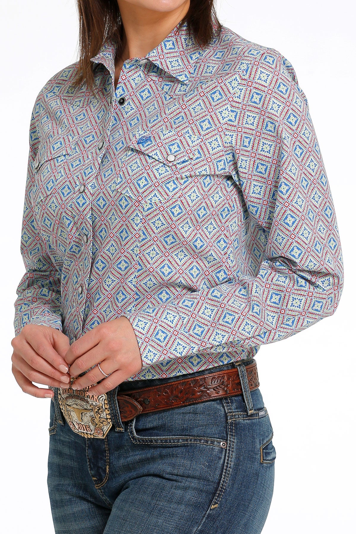 Blue red green blouse